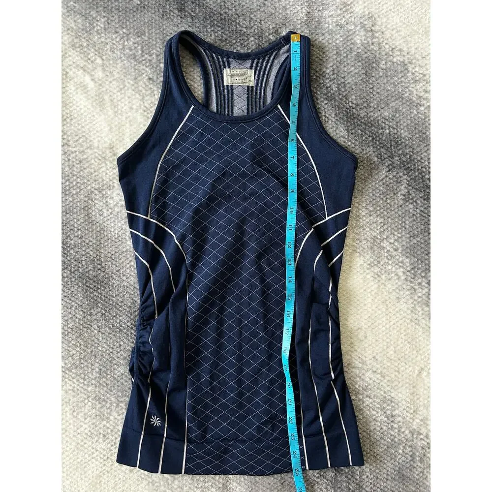 Athleta Finish Fast Line Ruched White Navy Tank Top Size XS Gym Yoga Workout - Picture 7 of 8
